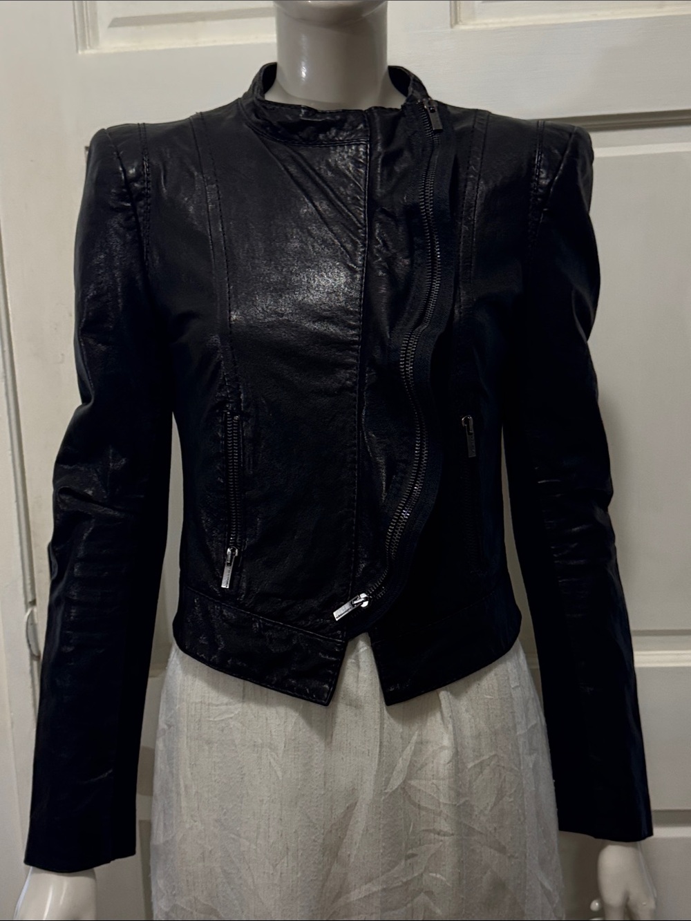 BCBGMaxAzria Soft Leather Biker
Jacket Asymmetrical Collar Cropped Style Size S - Picture 8 of 16